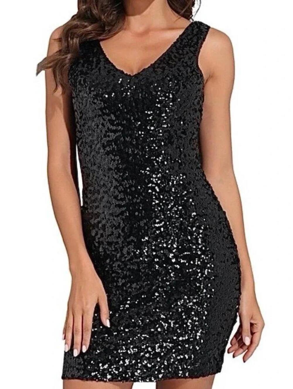 Amber Blue Large Black Sequin Sleeveless VNeck Bodycon Cocktail Party Mini Dress